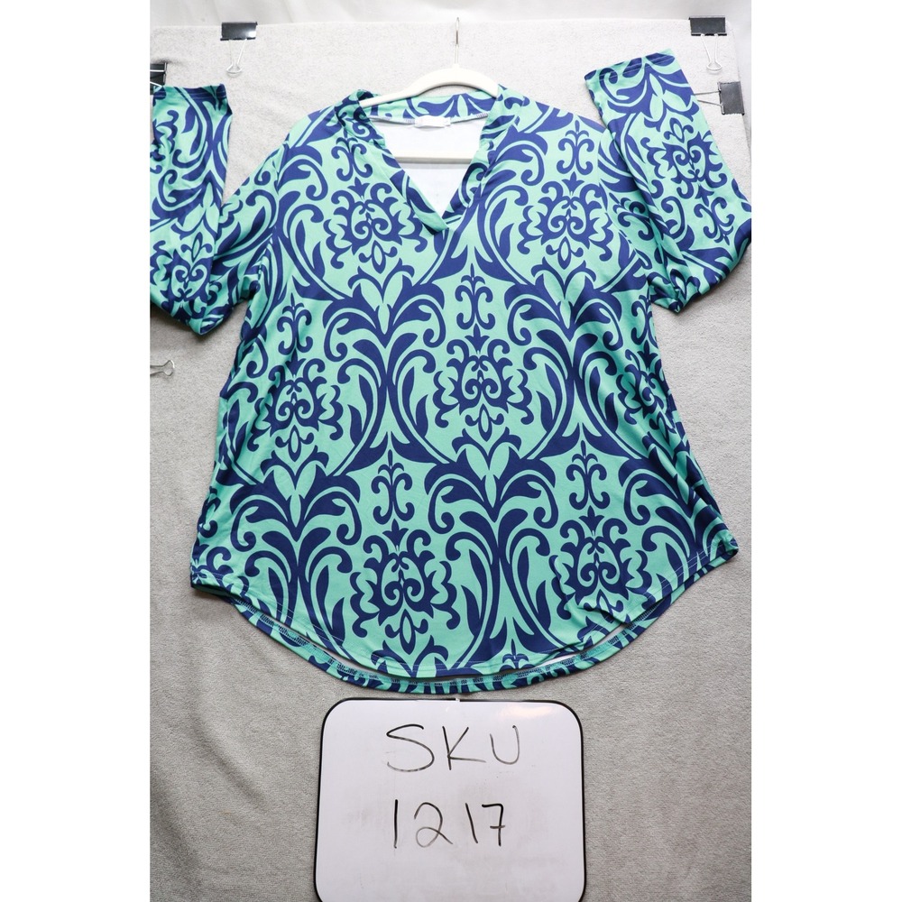 Halife Tunic Top Womens L Teal Navy Blue Damask Print V-Neck Long Sleeve Blouse